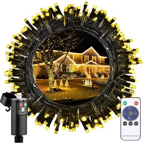 Guirlande Lumineuse Exterieur Noel à Pile, 15M 150 LED Guirlande Intérieur Blanc Chaud avec Télécommande/8 Modes/Timer, IP44 Étanche Lumières Decoration pour Chambre, Fête, Mariage, Escalier, Jardin (1/5)