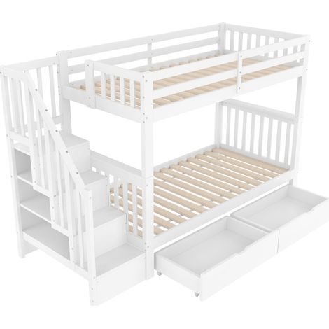 Cama litera infantil 90 x 200 cm con escalera de almacenamiento, 2 cajones, blanco, HOMVRA (1/5)