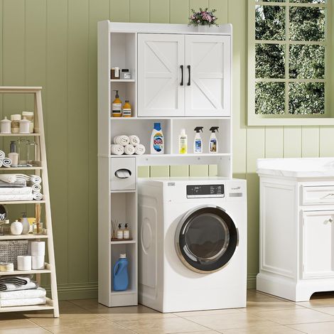 Meuble Machine à Laver, Porte à Deux battants, Étagères réglables, 7 niches Ouvertes et Un Compartiment pour Serviettes en Papier, pour Les Toilettes et la buanderie, Blanc (1/5)