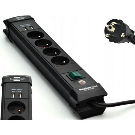 Regleta de enchufes de 4 tomas, 1,8 m, 2 puertos USB, H05VV-F3G1.5, color negro, Premium-Line, marca brennenstuhl (1/5)