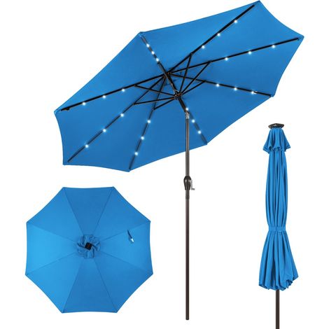 Parasol rond de jardin bleu Ø300 cm à manivelle inclinable, éclairage LED solaire 24 lampes, 8 baleines métalliques, sans pied pour terrasse, balcon et plage (1/5)