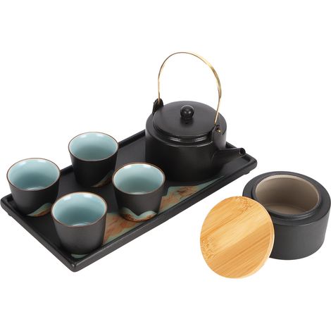 Japanisches Kung-Fu-Teeservice aus schwarzer Keramik, Teekanne, Tassen, Tablett, Zeremonien-Set (1/5)