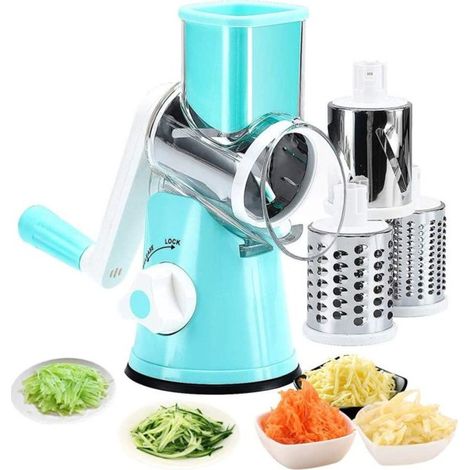 Rallador de queso manual y mandolina para verduras, frutos secos, zanahorias, pepinos y calabacines, con múltiples cuchillas de acero inoxidable (azul). (1/5)