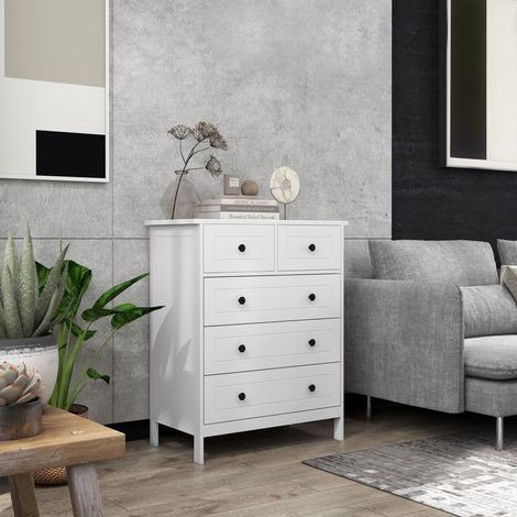 Commode blanche avec 5 tiroirs en bois - 74x40x91 cm - pour la maison - anti-basculement - blanche