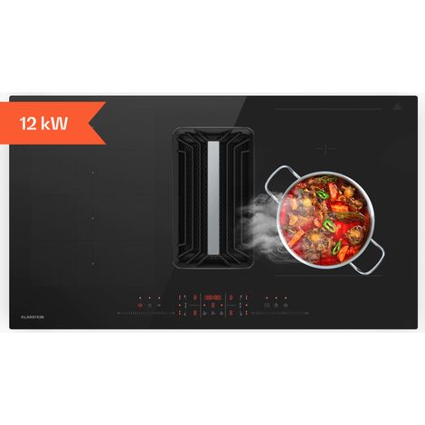 Klarstein AirJet Hybrid Table à induction avec Hotte intégrée - 12 kW, 750 m³/h, CEE A++, 9 Niveaux, Commande tactile, Filtre aluminium & charbon, 58 dB, 90 cm