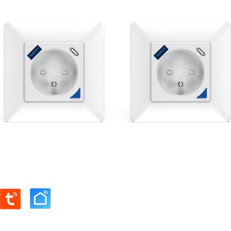 Lot de 2 Prises intérieures encastrées 3000W & Ports USB-A + USB-C (20 W) connectées Wifi + Suivi de consommation + Compatible assistants vocaux (1/5)