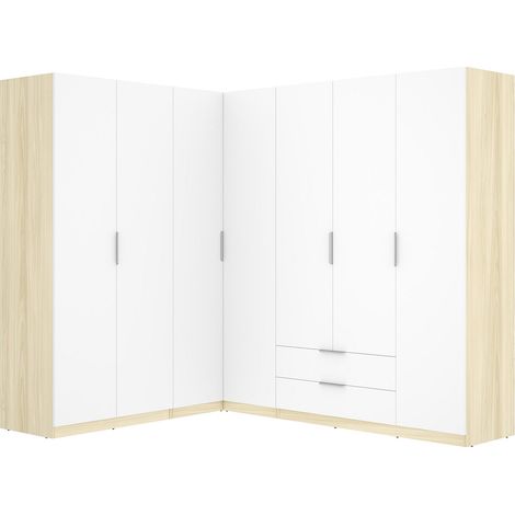 Armadio angolare 7 ante 2 cassetti L325cm Bianco e naturale chiaro - KALONY (1/3)