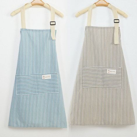Damenschürze mit Taschen 2-teilig blau-braun gestreift verstellbare Küchenschürze aus Baumwoll-Leinen-Mischgewebe zum Kochen Grillen Backen für (1/4)