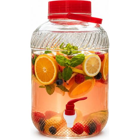 Relaxdays distributore bevande 10 L in vetro, per bevande fredde, con rubinetto, coperchio e manico, trasparente/rosso