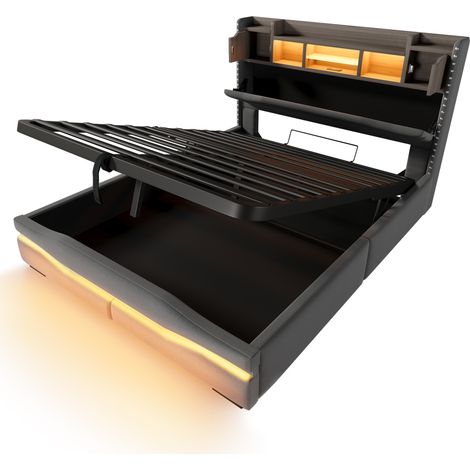 Lit coffre 160x200 avec éclairage LED et prise USB-C, lit capitonné gris en lin avec tête de lit de rangement (1/5)