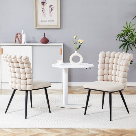 Chaises de salle à manger en velours blanc crème avec dossier orné d'un détail sphérique (lot de 2)  pieds robustes en métal noir thermolaqué  style moderne et luxueux adapté aux salles à manger, aux  (1/5)