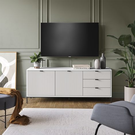 Mueble bajo para TV Eliza, Blanco, 150.1 x 60 cm con 3 cajones, 2 puertas, Vicco