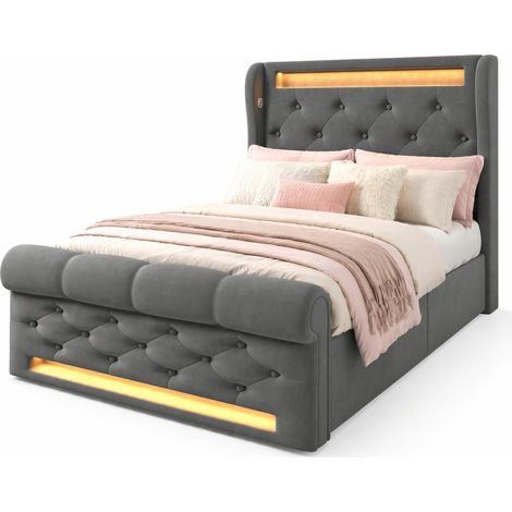 Lit rembourré 90 x 200 cm en velours gris avec LED, coffre hydraulique, station USB + USB-C et matelas inclus, design capitonné élégant – CHICFURN (1/5)