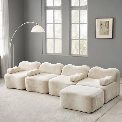 Canapé d'angle modulable 4 places en velours beige avec pouf 384 (1/5)