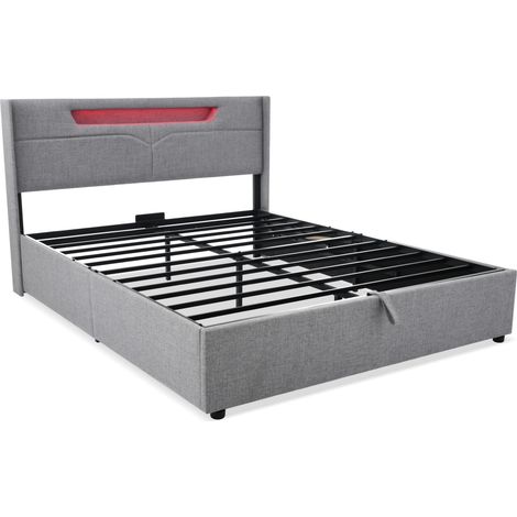 Cama doble tapizada LED con USB-C, lino gris 160x200, somier de láminas (1/4)