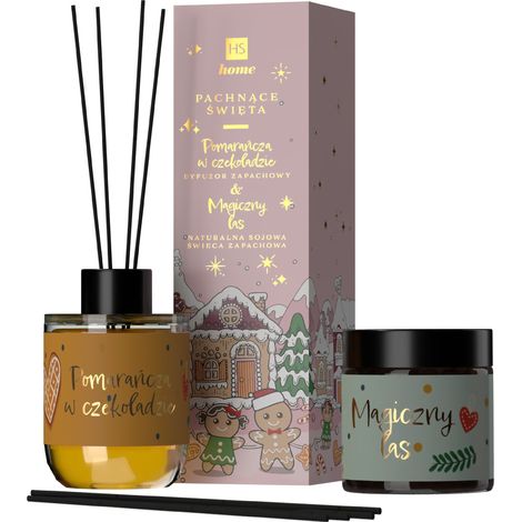 Coffret parfumé HISKIN pour la maison : bougie parfumée à la cire de soja et diffuseur à bâtonnets – Chocolat Orange et Forêt Magique