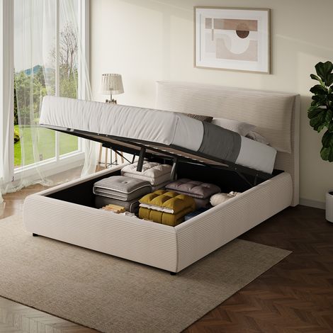 Lit avec coffre de rangement 140x190cm en velours côtelé beige FRESNO (1/5)