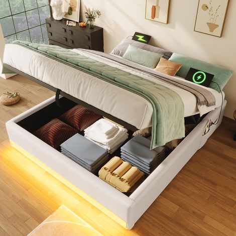 Letto imbottito in lino beige 140x200 cm con contenitore idraulico, LED, USB e Type-C (1/5)