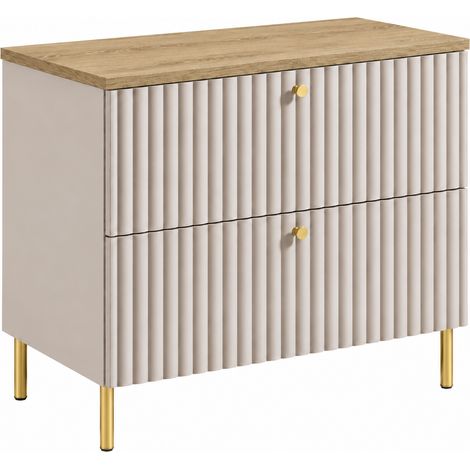 Meuble sous-vasque sur pieds 80 cm, 2 tiroirs, avec plan de travail, fermeture douce, Cachemire / Plan chêne clair, pieds dorés, 80 x 44,4 x 73,6 cm (1/5)