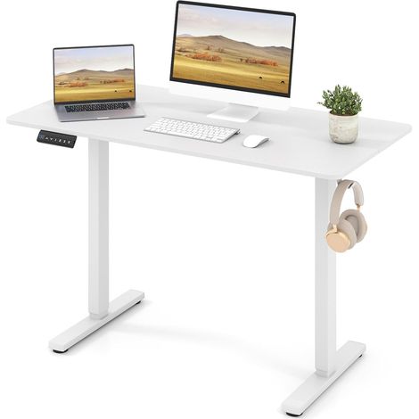 COSTWAY Scrivania Elettrica Ergonomica 120 x 60 cm, 3 Memorie di Altezza, Protezione Anti-Collisione e Gancio per Cuffie, Scrivania Regolabile in Altezza per Ufficio e Casa (Bianco) (1/5)