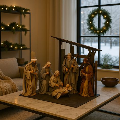 Natività completa per presepe in tessuto set da 6 statue con re magi h 45 cm con capanna (1/4)