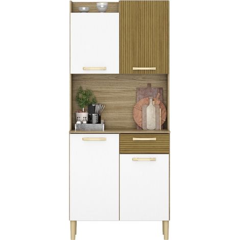 Beaux Meubles Pas Chers – Buffet de cuisine 4 portes 1 tiroir imitation chêne et blanc – Dimensions L 73.6 H 175.7 P 36.3 cm – Bois certifié FSC – 8 niches et 2 tablettes (1/5)