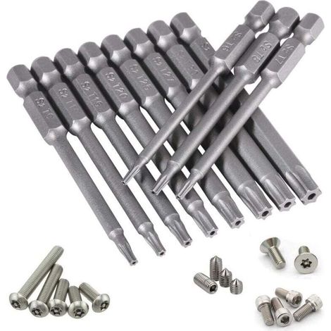 Lot de 11 embouts de tournevis Torx - 75 mm - En acier S2 - Magnétique - 6 pans - T6 T7 T8 T9 T10 T15 T20 T25 T27 T30 T40 - Embouts Torx électriques pour vis profilées en T (1/4)