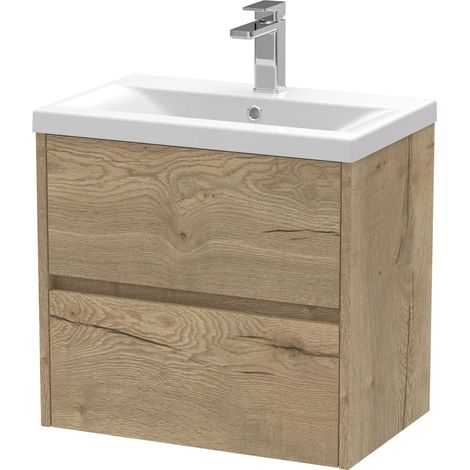 Nuie Havana Autumn Oak Woodgrain 600mm Wall Hung 2 Drawer Vanity Unit and Mid Edge Ceramic Basin - HAV804A