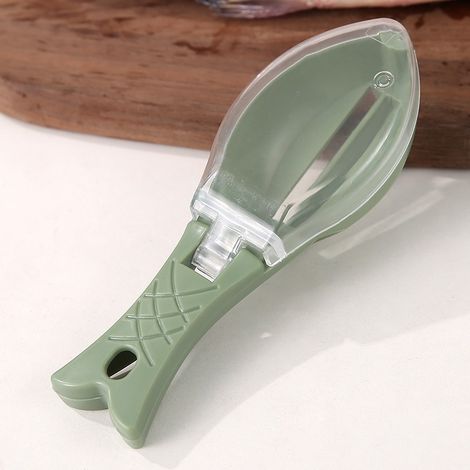 1 grattoir à écailles de poisson, grattoir à écailles de poisson en plastique ABS avec couvercle transparent pour la maison, la cuisine, la salle à manger (vert) (1/5)
