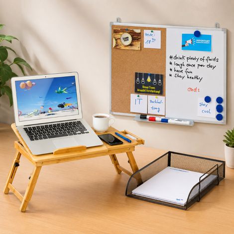 Set da lavoro in rete (3 pezzi) – Vassoio portadocumenti impilabile, tavolino da comodino per laptop e lavagna bianca (1/5)