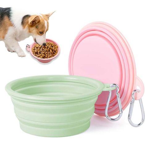 Foldable Dog Bowl 2 Pieces BPA-Free Silicone Pink and Green 350 ml Dishwasher Safe with Carabiners (1/5)