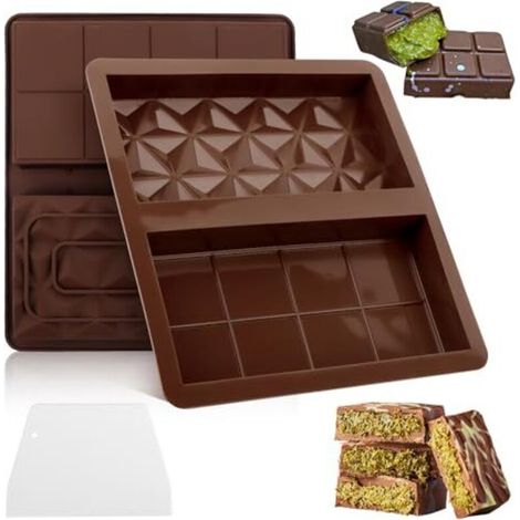 2 Pieces Deep Chocolate Molds with 1 Non-Stick BPA-Free Silicone Spatula with Dividers for Energy Bars, Pralines, and Culinary Decorations, Brown (1/5)