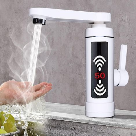 Elektrische Mischbatterie 3000 W, Durchlaufheißwasserhahn für Küche und Bad, um 360° drehbar mit LED-Anzeige (weiß) (1/5)