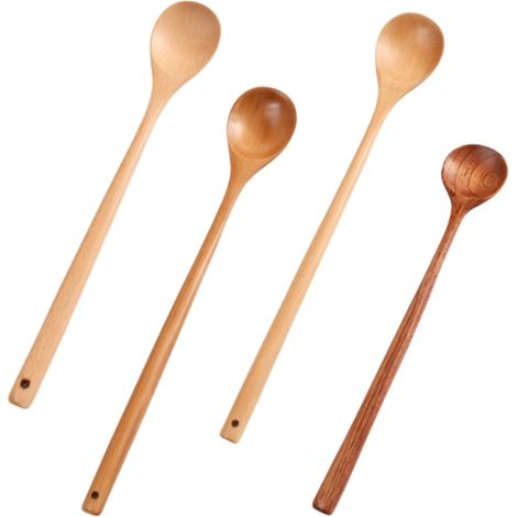 Ensemble de 4 pièces - Cuillère à mélanger en bois - Louche à soupe avec manche - Ustensile de cuisine - 4 modèles - Couleur bois (1/5)