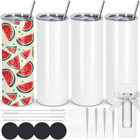 4 Pièces Gobelets Droits à Sublimation, 600ml Acier Inoxydable Tasses Isolées à Double Paroi Canettes de Sublimation Blanches Vierges avec Couvercle, Paille, Boîte, Chaleur Transfert Revêtement (1/5)