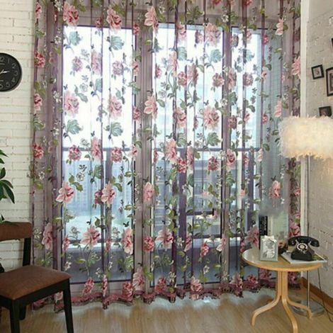 Panneau de rideau en tulle floral, 1 x 2,5 m transparent pour porte, fenêtre, écharpe en polyester léger, cantonnière pour décoration d'intérieur d'été (1/5)