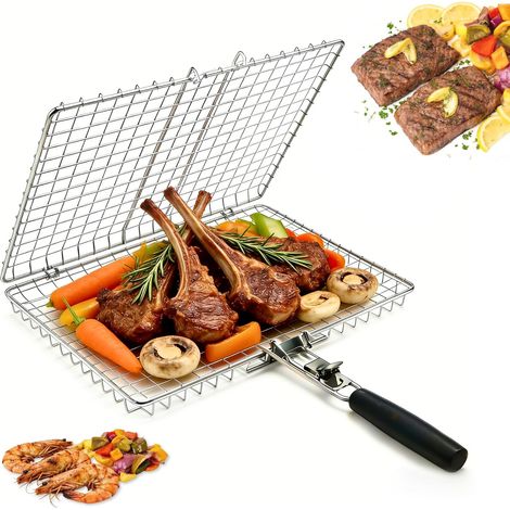 Panier à barbecue pliable et portable en acier inoxydable (1 pièce), avec poignée amovible, idéal pour le poisson, les légumes, les crevettes et le (1/5)