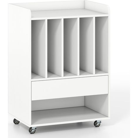 Mesa para tocadiscos con 5 estantes y cajón, blanca, móvil.