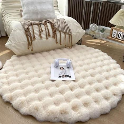 Tapis Décoratif Rond Diamètre 120 cm Texture Mixte Similicuir et Fourrure Longue Décoration Moderne Salon Chambre Beige (1/4)