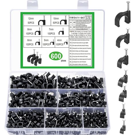 600 Pièces Clips de Câbles Ronds Noir, Clips de Fixation Cable Eelectrique Mur, Clips Câble avec Clous, Fixation Cavalier Cable Electrique pour Bureau Domicile, 4/5/6/7/8/10 /12 mm (1/5)