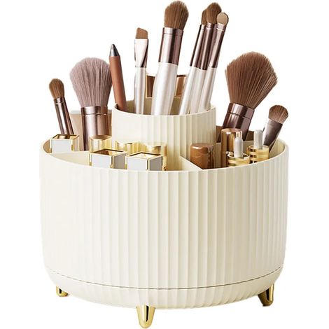 (Crème) Boîte de rangement rotative à 360° pour pinceaux de maquillage avec 5 compartiments (1/3)