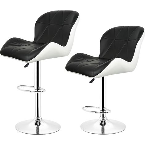 Hofuton Chaises de Bar, Lot de 2, Tabourets Hauts, Hauteur Réglable, Revêtement en PU, Rotatif sur 360°, avec Dossier et Repose-pieds, Pied Chromé, Noir Blanc (1/5)