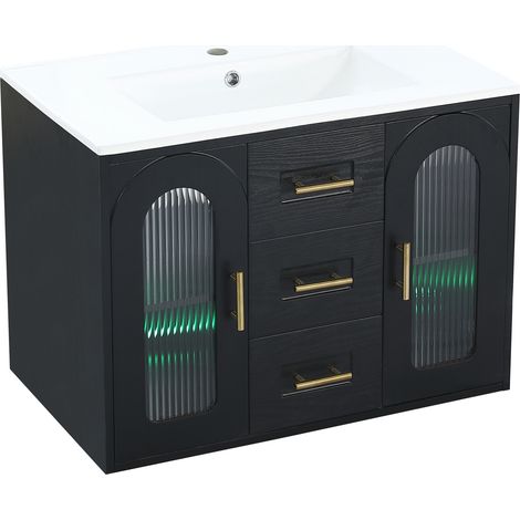 Mobile bagno sospeso 76 cm con lavabo in ceramica LED e vetro scanalato nero (1/5)