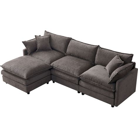 ELVMI Divano angolare modulare 3 posti con pouf, Chenille, seduta confortevole, Grigio (1/5)