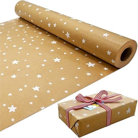 Rouleau de papier cadeau kraft blanc en forme d'étoile, écologique, pour anniversaire, fête, décoration de Noël (15m x 43cm) (1/5)