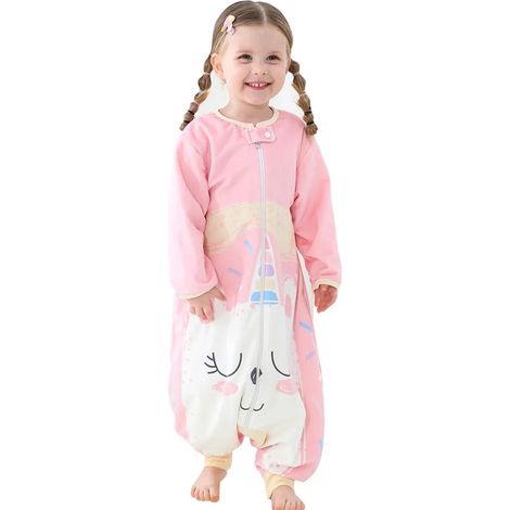 1 gigoteuse bébé avec pieds, manches longues, rose, taille M (1-6 ans), en mousseline et coton, ourlet large, fermeture éclair double sens (1/4)