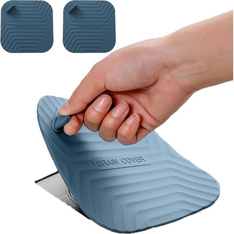 Cap of Drain of Shower - Cover of Drain Square in Silicone for bathroom and Kitchen, Cap Sink Universal, anti-odor Blue 2 Pieces (1/5)