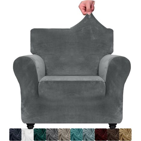CHELZEN Velours accoudoir Housse de Chaise 1 siège épais canapé Extensible Housse de Chaise pour Chiens Animal de Compagnie (1 Place, Gris)