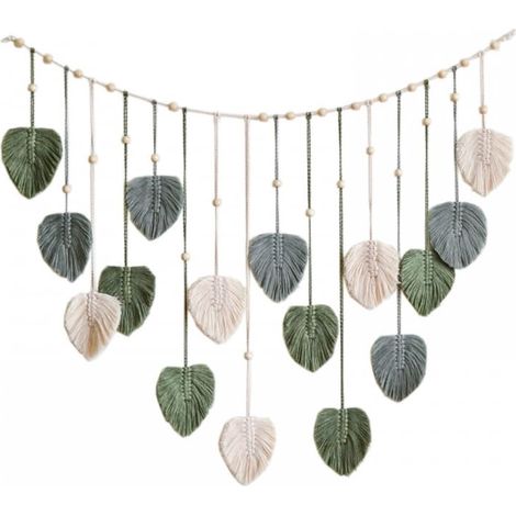 Grande tenture murale bohème tissée à la main avec perles et feuilles décoration pour salon et chambre 75 x 120 cm couleur vert (1/5)
