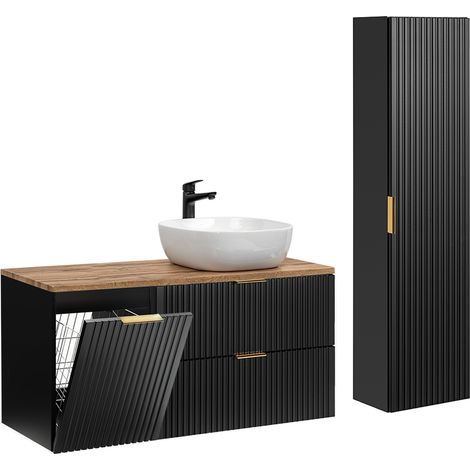Conjunto mueble lavabo individual 120cm cesto para ropa y columna Adriel Negro y Madera